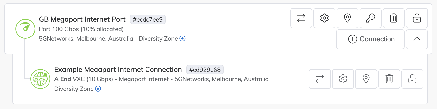 Portal view of API Created Megaport Internet Connection