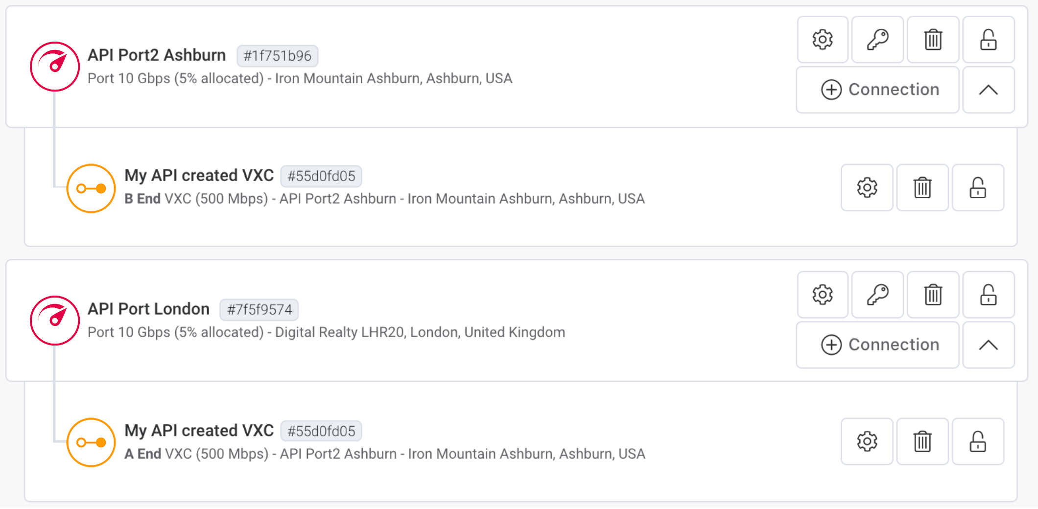 Portal view of API Port and VXC