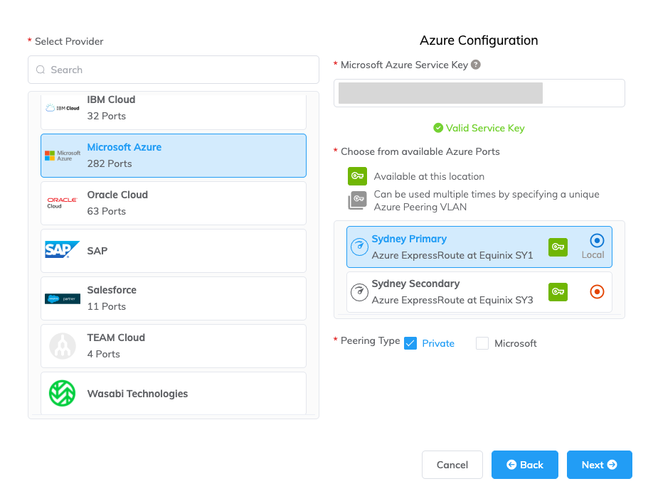The new connection page with the Microsoft Azure Provider and the 'Private' peering option selected
