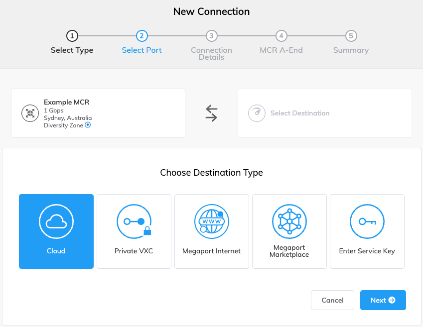 New connection 'Type' screen, with the 'Cloud' option selected
