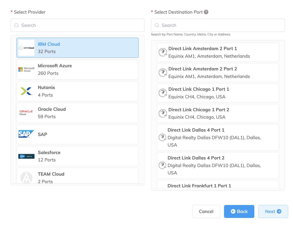 Select IBM Direct Link location