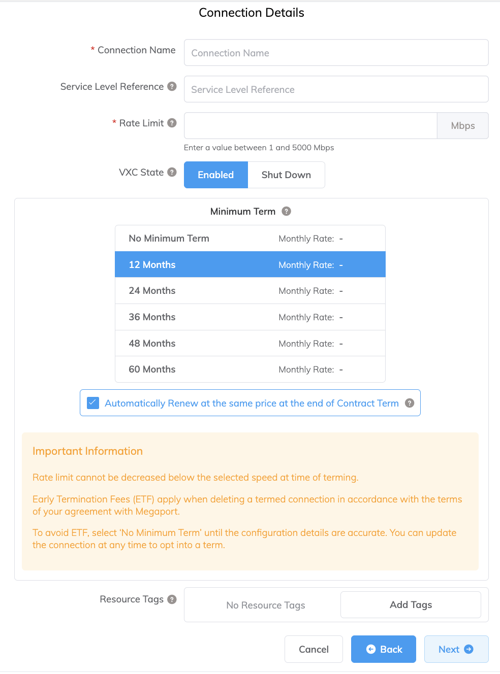 VXC connection details page