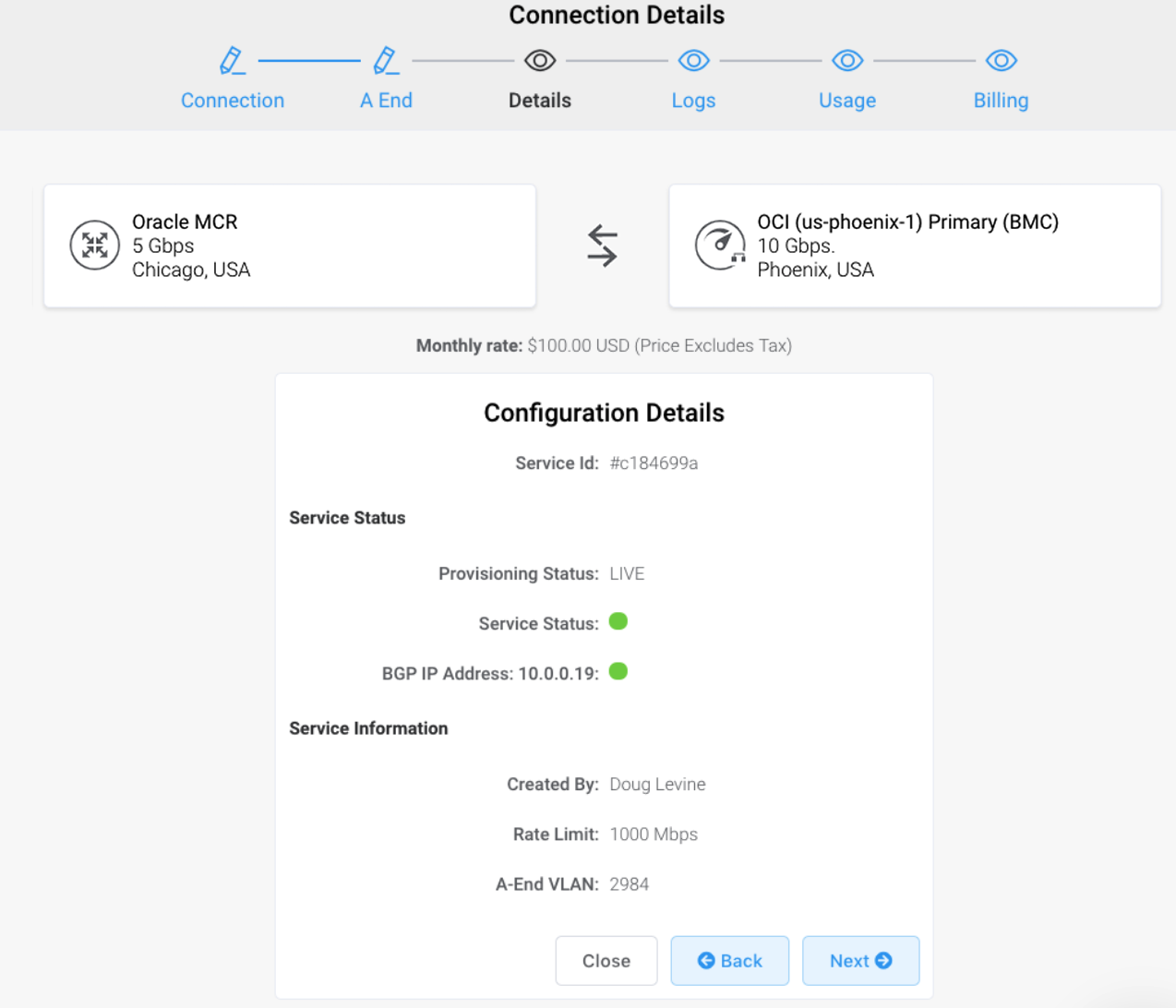 VXC connection details