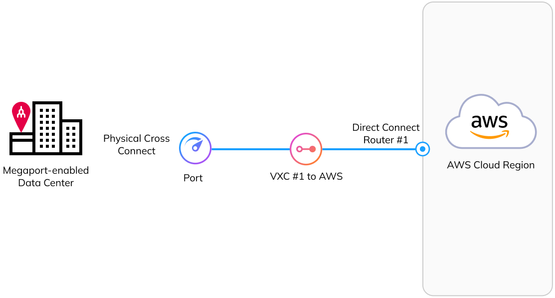 Diagram of 1 Port at 1 data center connected to 1 AWS Direct Connect router by 1 VXC
