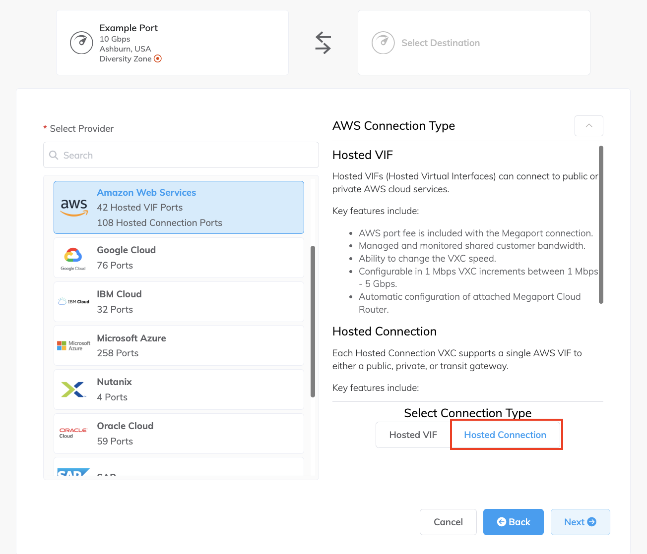 AWS Hosted Connection Selection