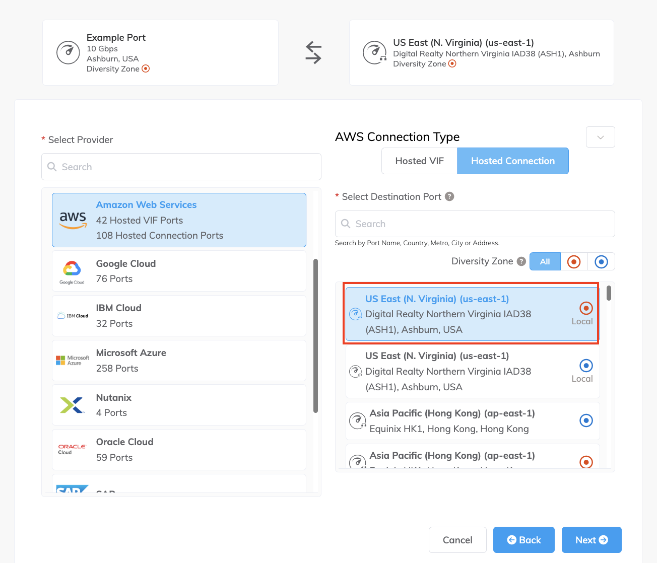 Selecting the destination port for a new VXC connection