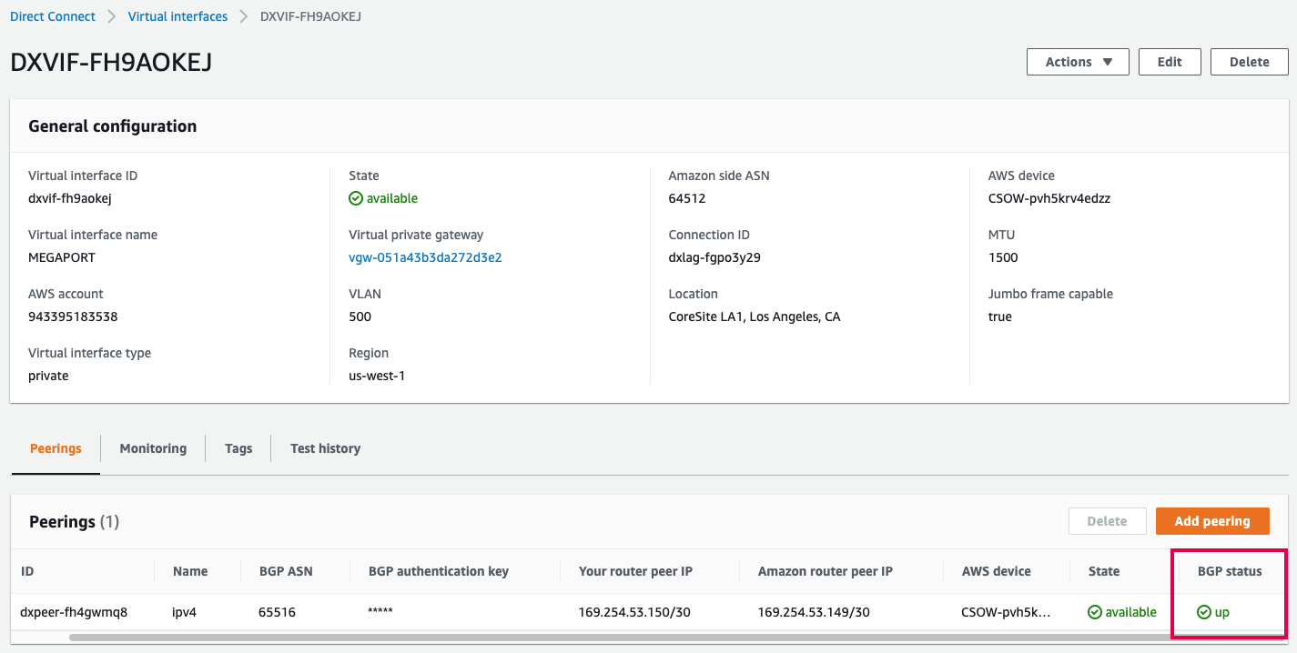 BGP peer state for Aruba in AWS console