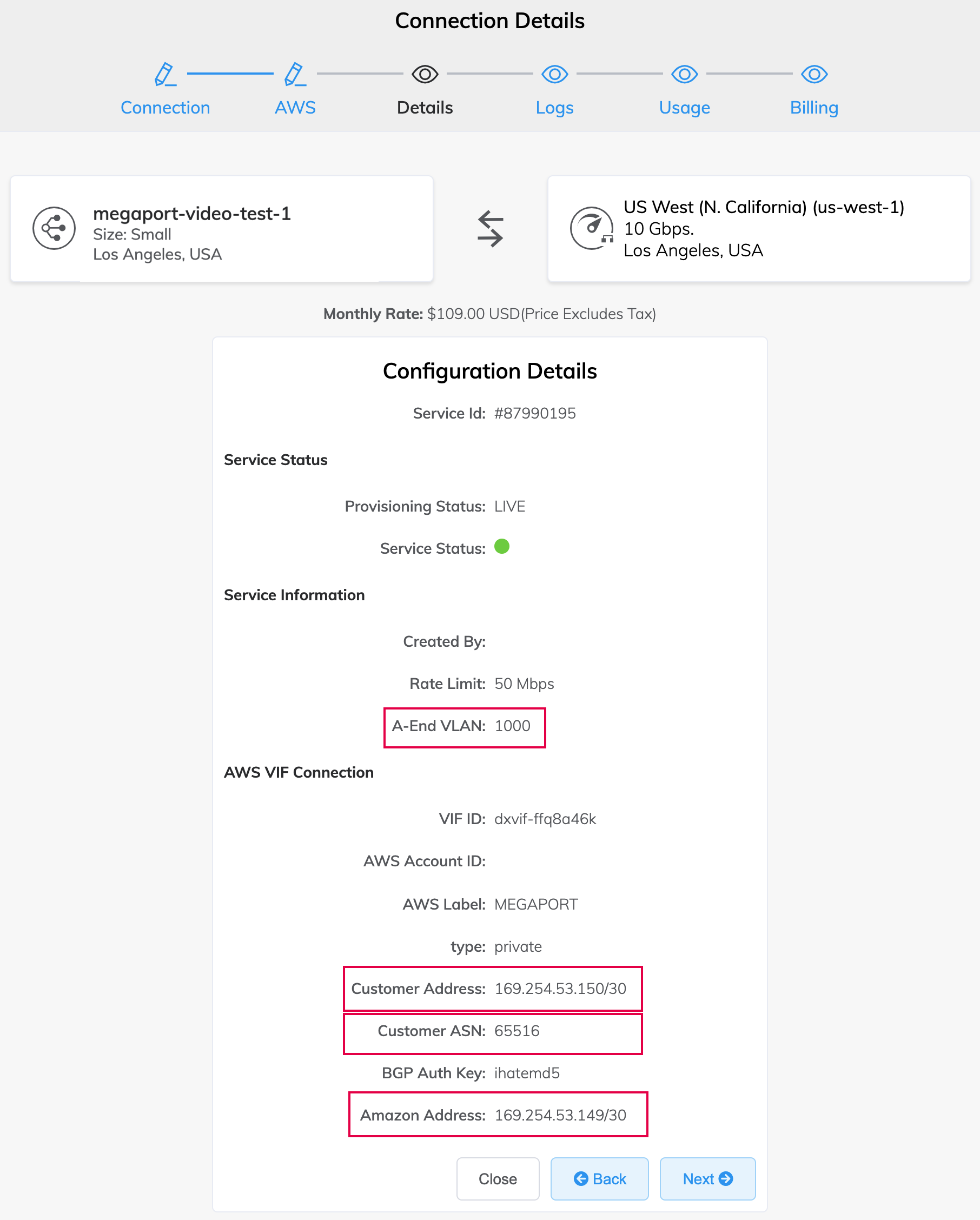 AWS connection details