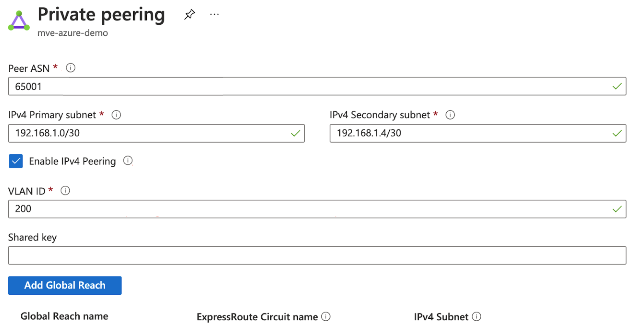 Azure Peering Configuration