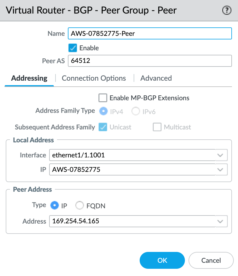 BGP Peer Group screen