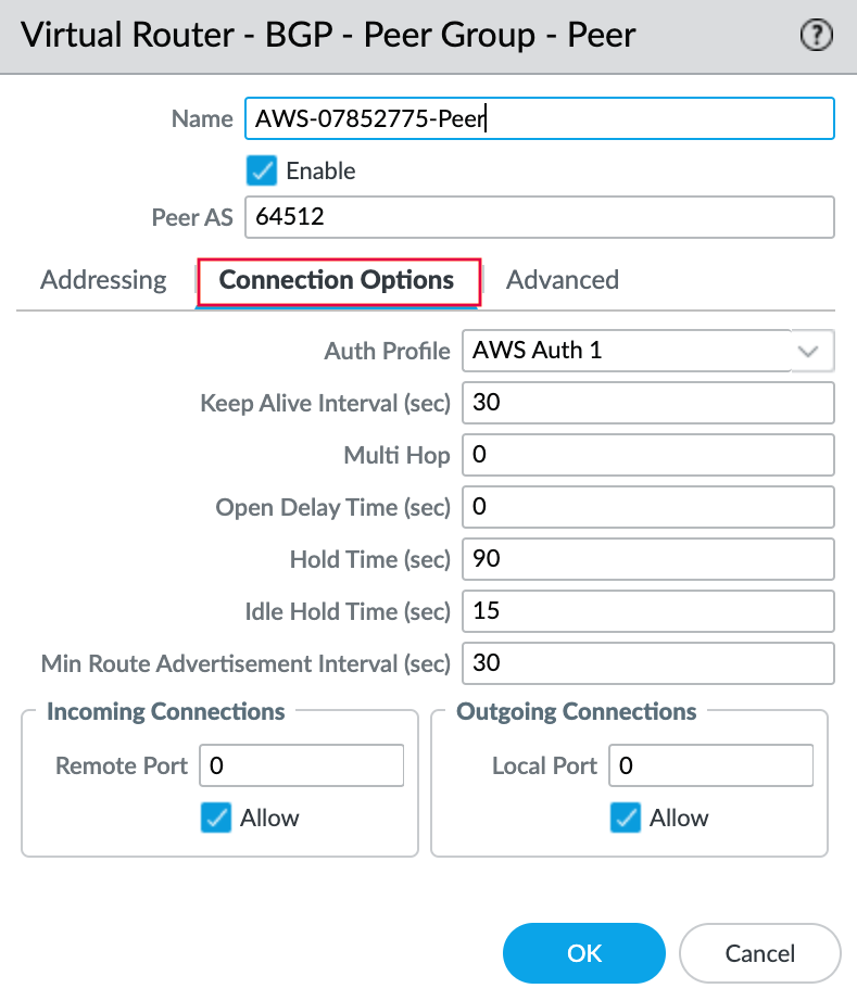 Connection Options tab