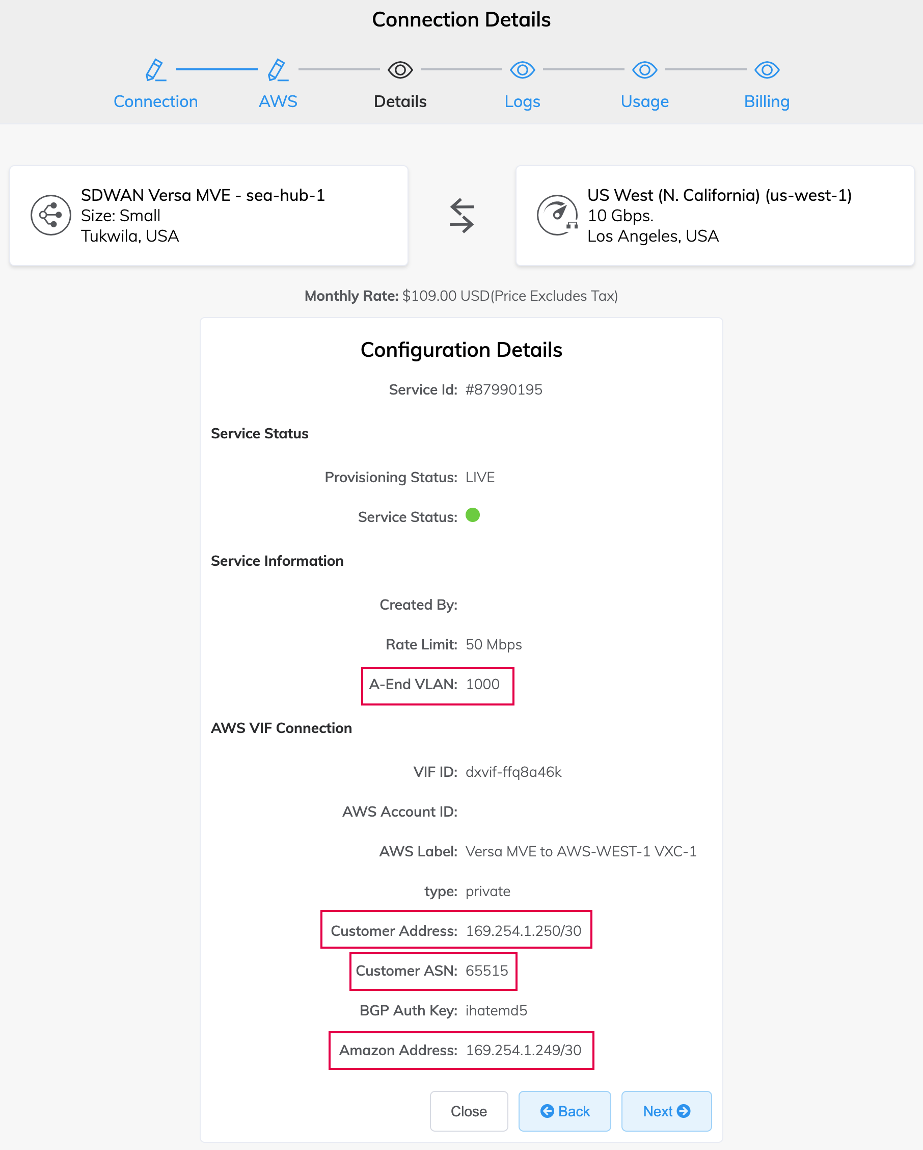 AWS connection details
