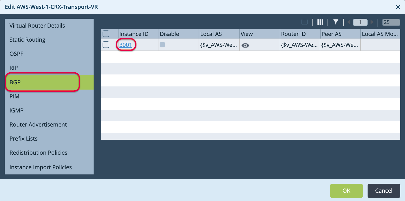 Edit BGP Instance window