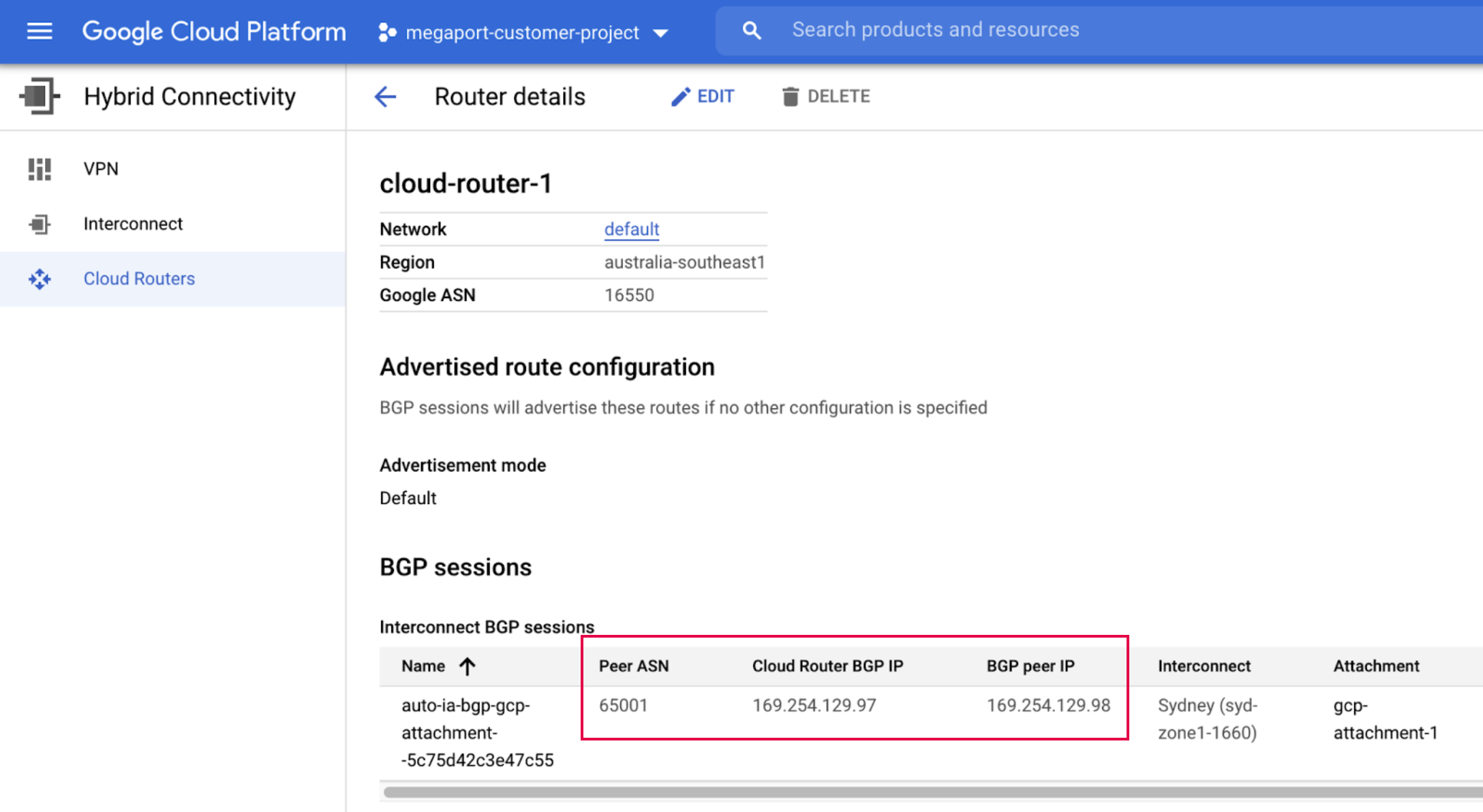 Google connection details