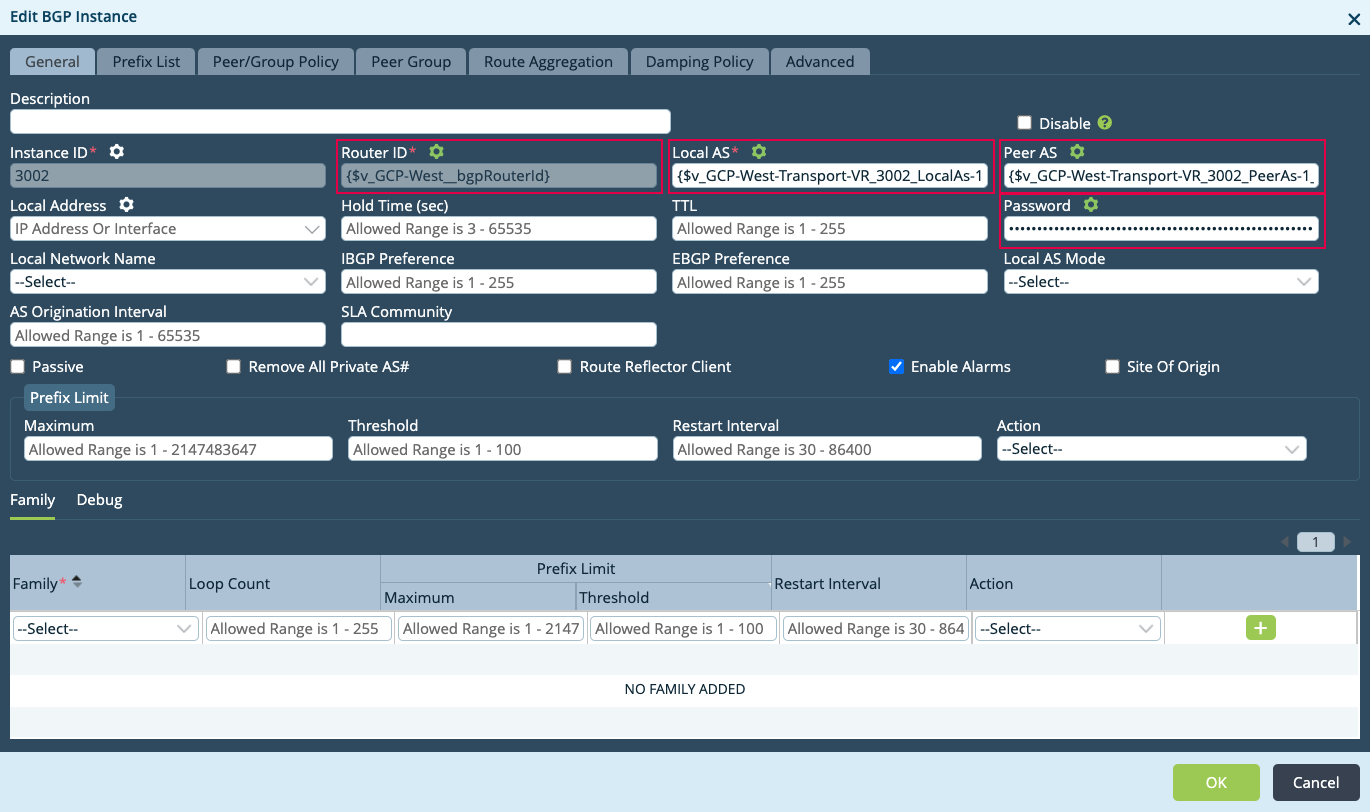Edit BGP Instance window