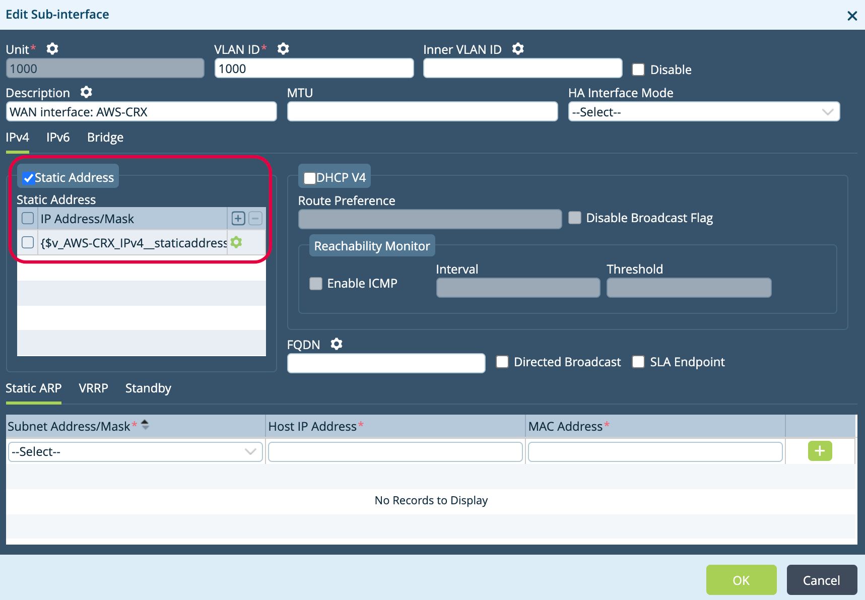 Versa static address