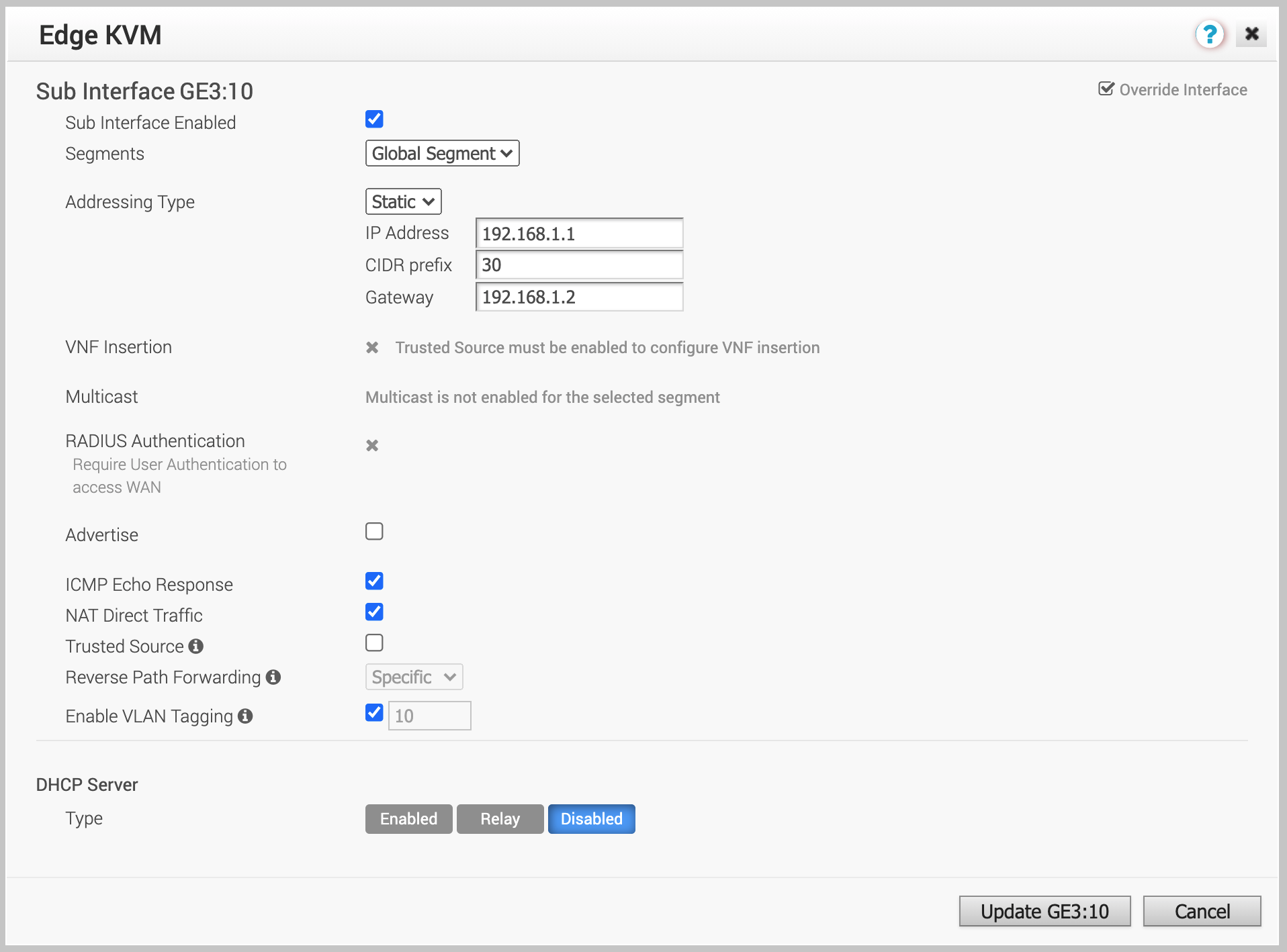 Subinterface Settings