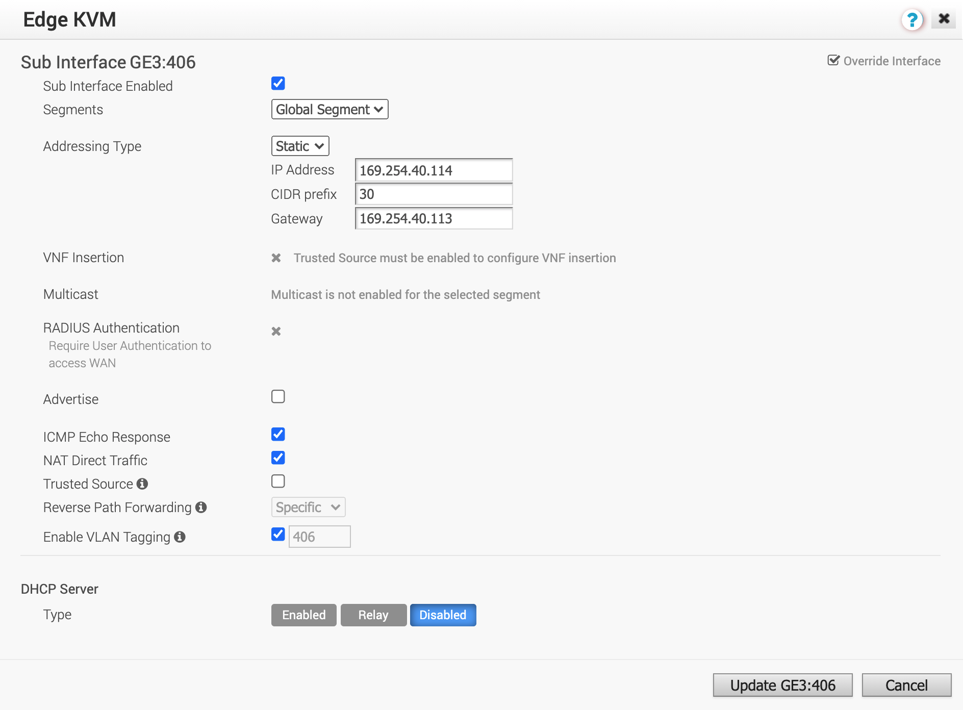 Subinterface Settings