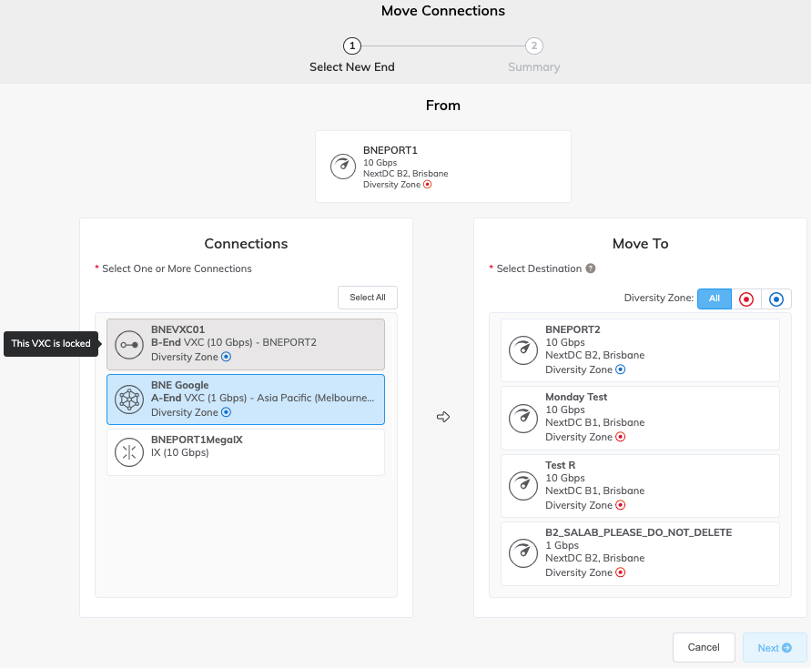 This image shows the list where you can select the VXCs to move.