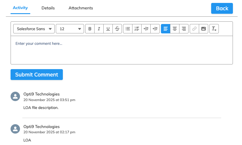 Support Requests Portal activity tab