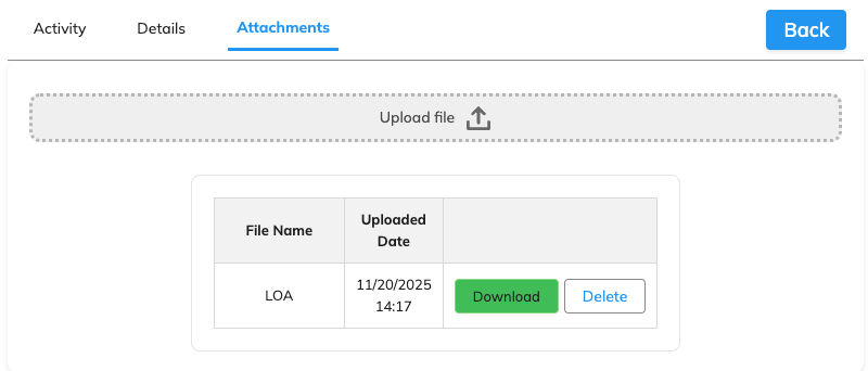Support Requests Portal Attachments tab