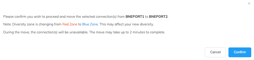 This image shows the confirmation window. It lists the source and destination of the move, and presents two buttons - Confirm and Cancel.
