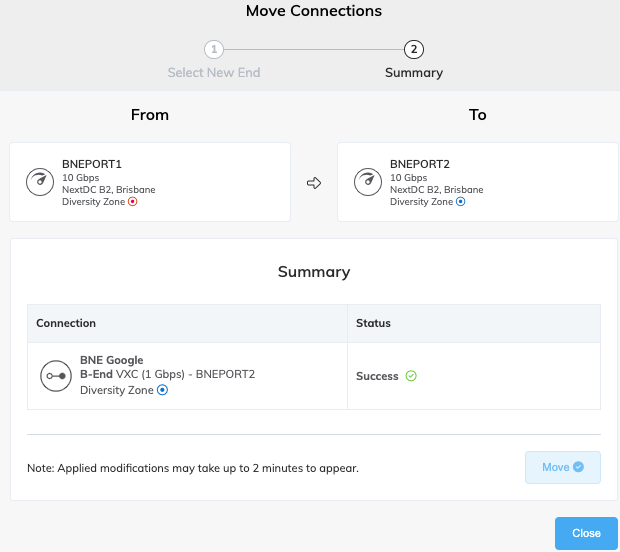 This image shows the confirmation pop-up window. It lists the source and destination of the move, and presents two buttons - Confirm and Cancel.