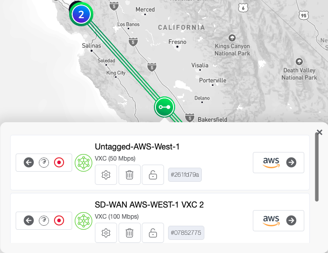This image shows the pop-up that appears when you click a connection icon. It shows the a-end and b-end and allows you to use buttons to edit the end details, delete and end, or lock an end. You can also copy the service identifier. There is a button that allows you to navigate to the end.