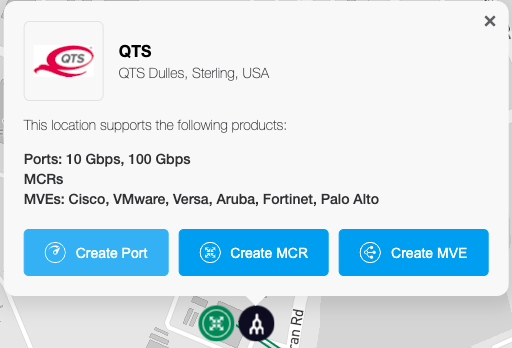 This image shows the details for an expanded location. It says 'This location supports the following products:Ports - 10 Gbps, 100 Gbps, MCRs, MVEs. Cisco, VeloCloud, Versa, Aruba, Fortinet, Palo Alto.' There are buttons along the bottom of the pop-up that say 'create port', 'create MCR', and 'create MVE'.