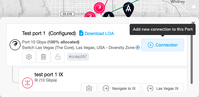 This image hows the pop-up that appears when you click a port icon. It shows the port details, including the name, location and port speed. There is a button on the right side that allows you to add a connection. Along the bottom are an icon that allows you amend the details, a 'delete' button, and a 'lock' button. Underneath that block is a block that shows similar information for the connection, which in this case is an IX. There is no add connections button on the connection block.