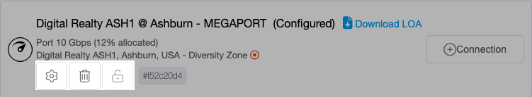 This image shows the icons you can use to update network connections. There is a cog icon that will take you to the details page, a delete button, and a lock button.