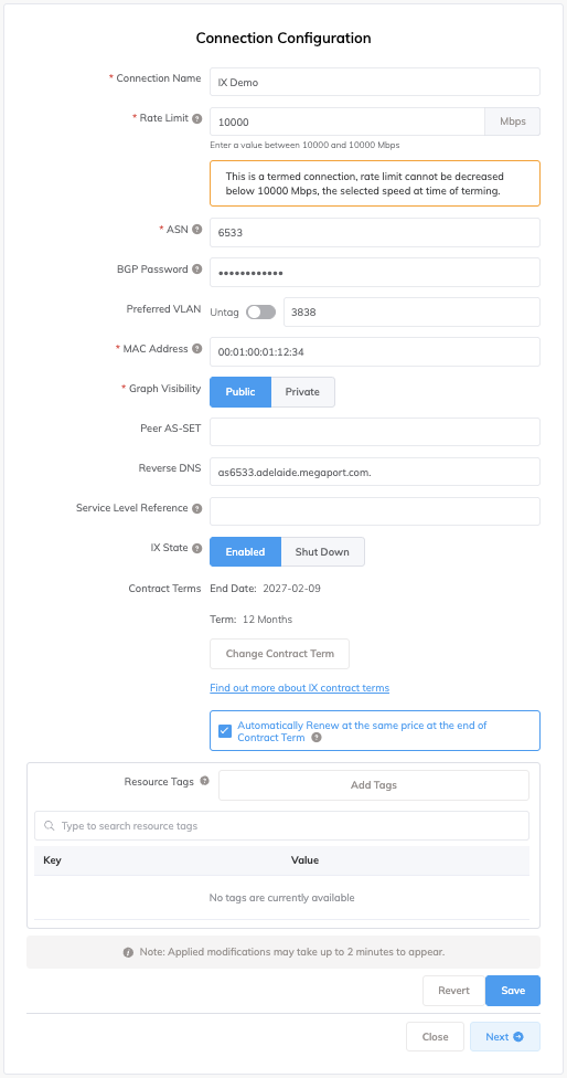 IX Connection Configuration page