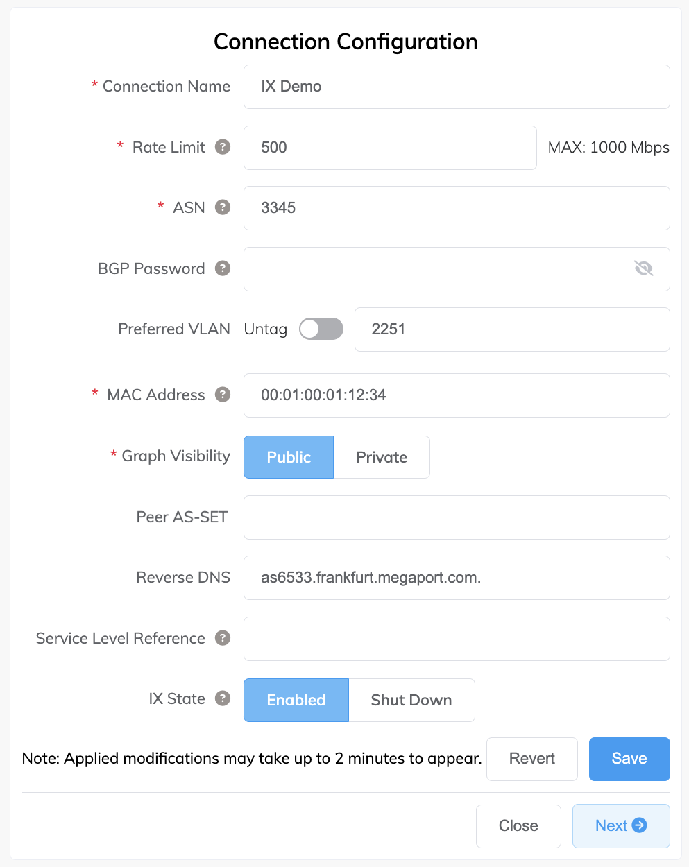 IX Connection Configuration page