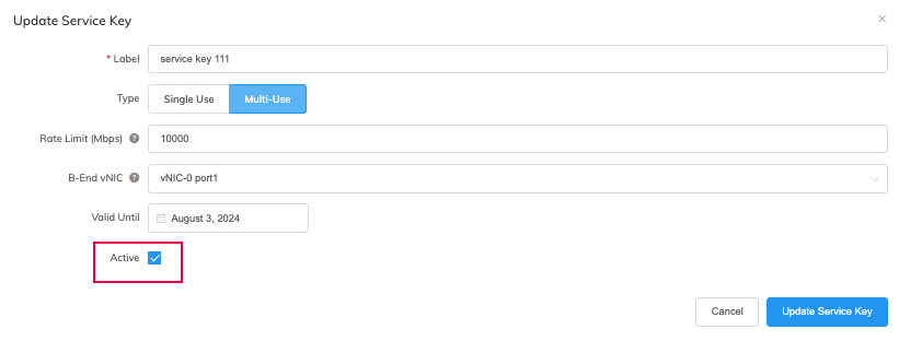 This image shows the service keys creation window with the active check box highlighted. 