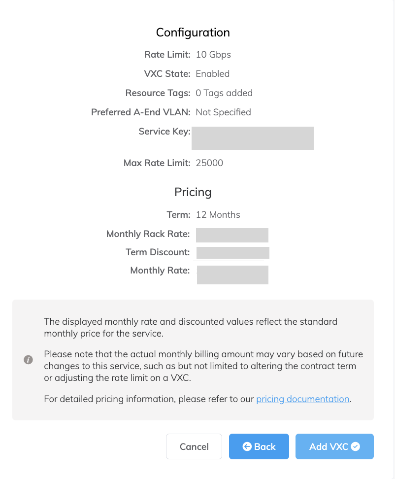 This image shows a summary of the details of the added VXC for review.