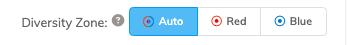This image shows the buttons available to select a diversity zone. There is a half-blue and half-red circle for auto selection, a red circle for red diversity zone, and a blue circle for blue diversity zone.