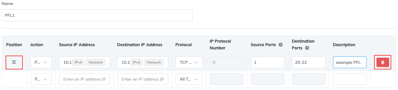 This image shows the packet filter row position and trash icons.