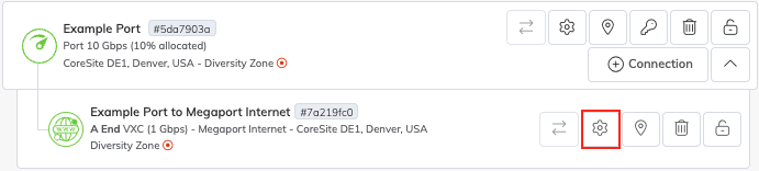 This image shows the gear icon on the Megaport Internet connection