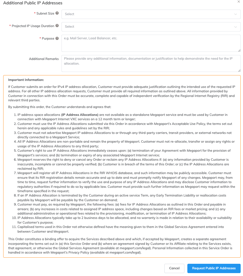 This image shows the fields and important information used when requesting a public IP address. g