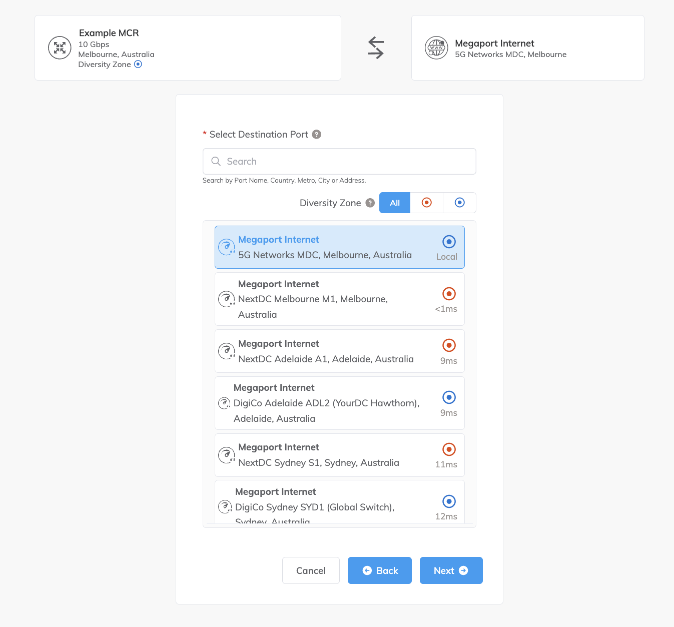 Select the B-End or IP Transit router for the Megaport Internet connection 