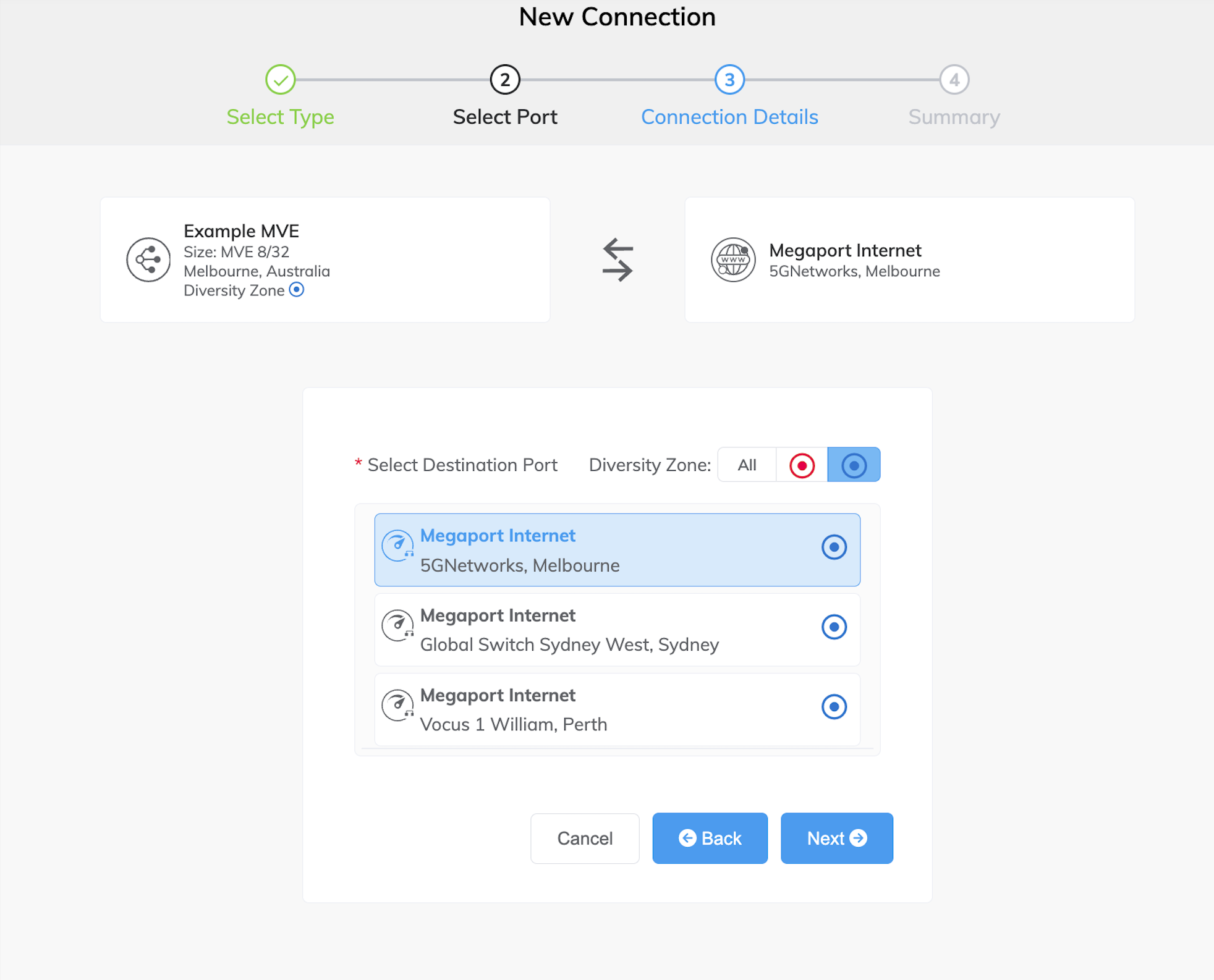 Select the B-End or IP Transit router for the Megaport Internet connection 