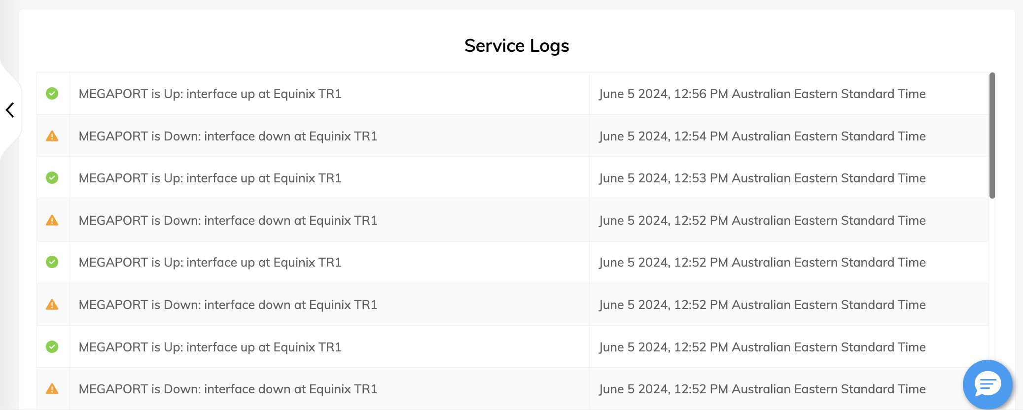Service Logs page where 100 of the most recent events are displayed for the Port