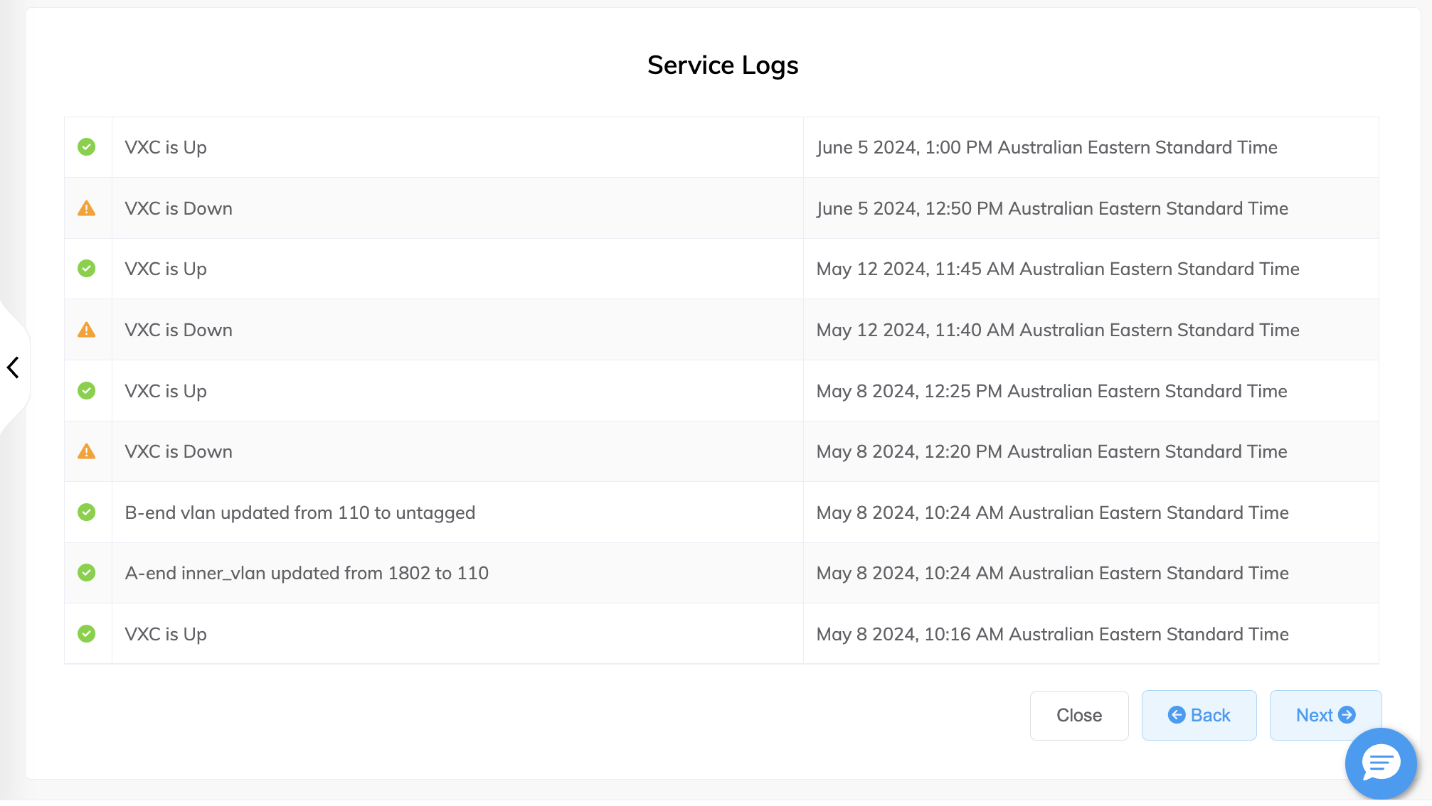 Service Logs page where 100 of the most recent events are displayed for the connection