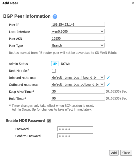 Add BGP peer for Aruba
