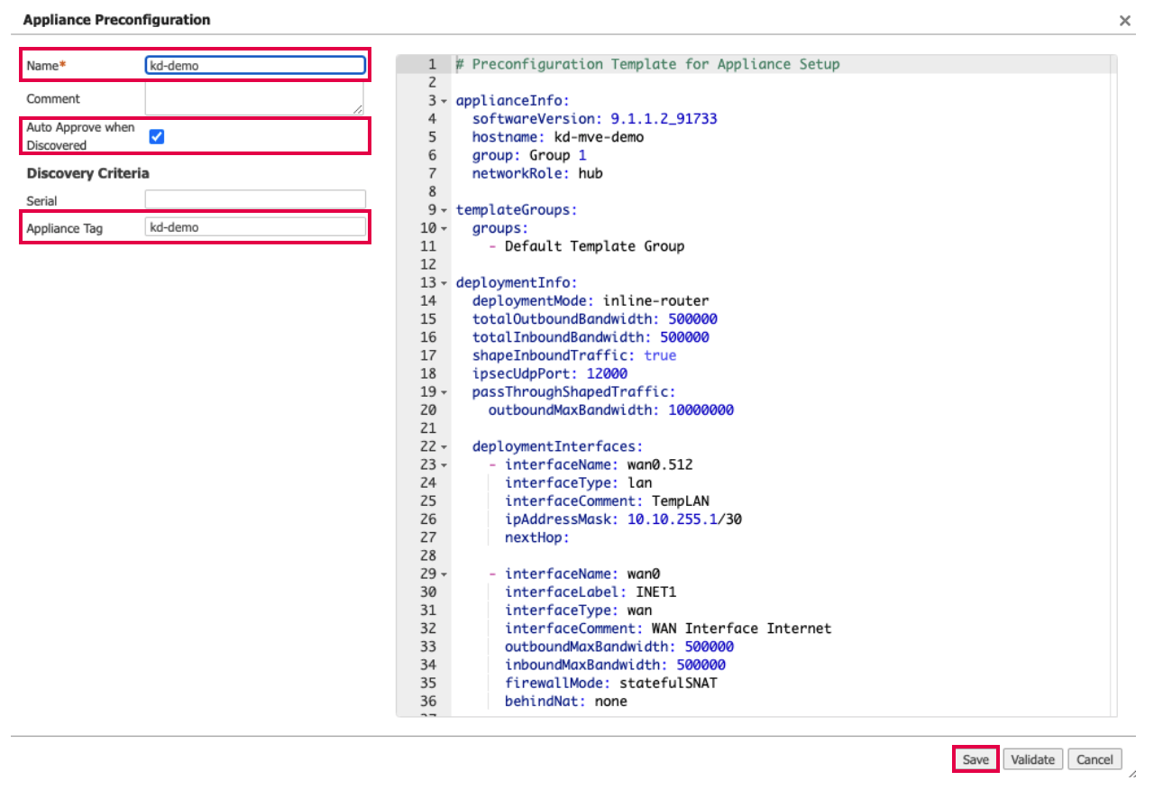 MVE preconfiguration