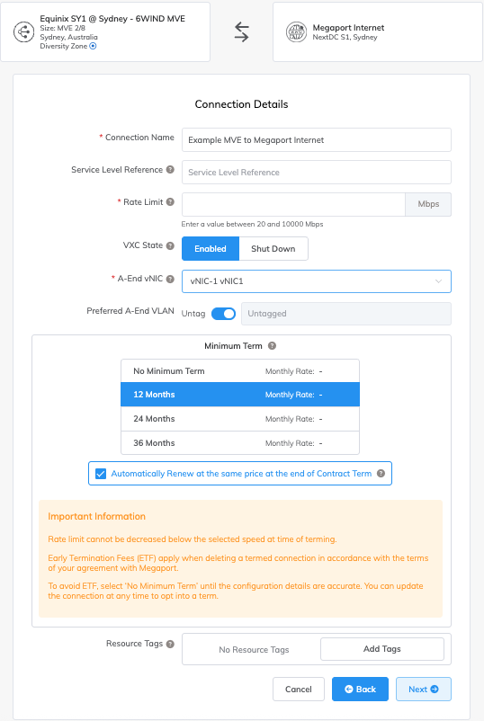 MVE to Megaport Internet connection