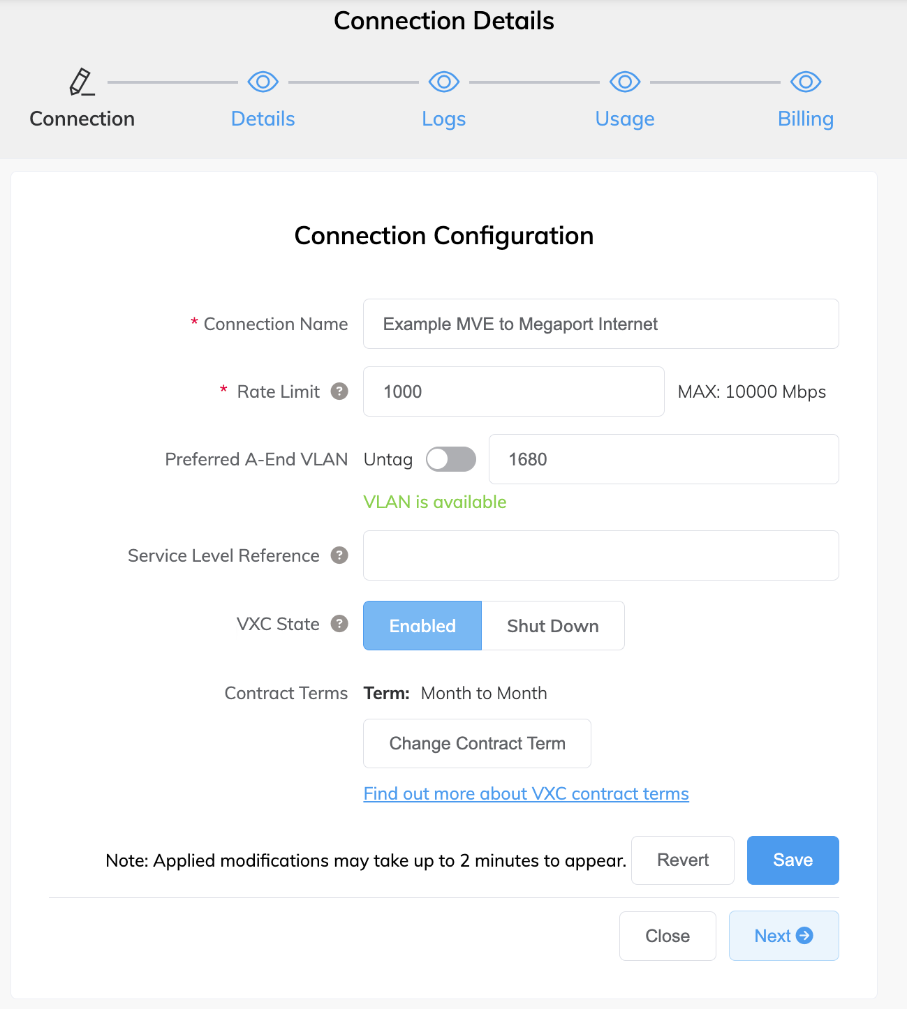 Megaport Internet connection details