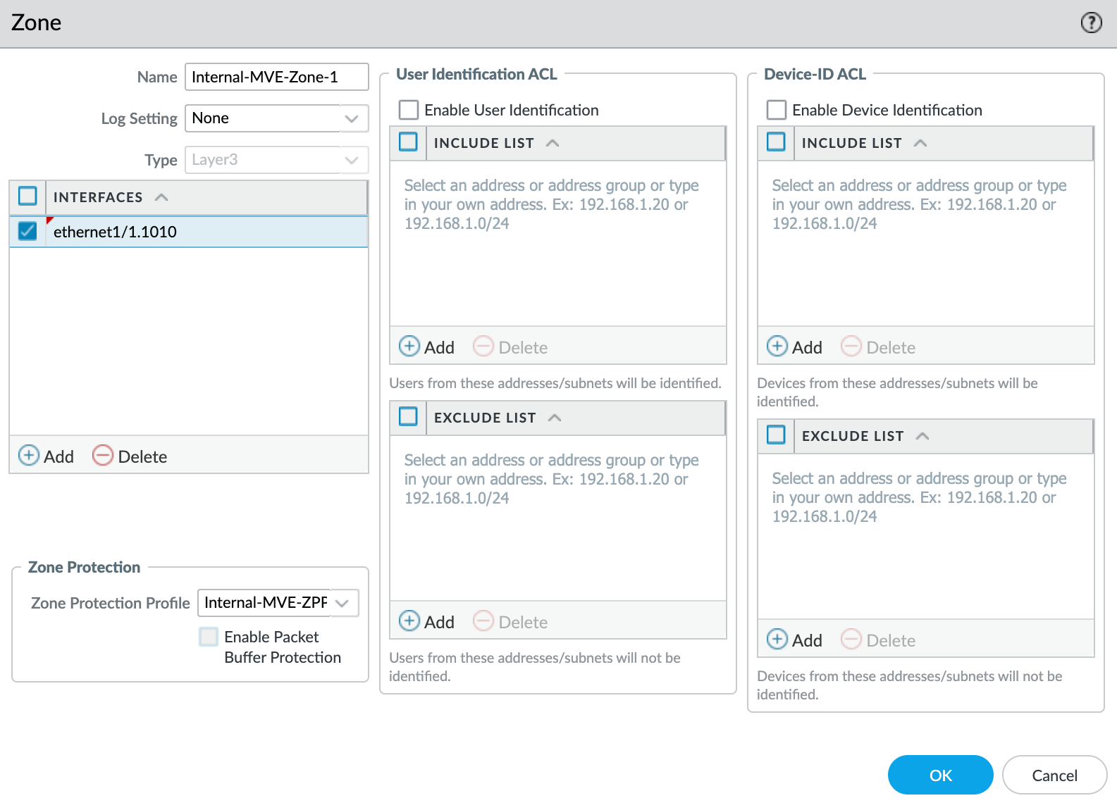 Security zone settings