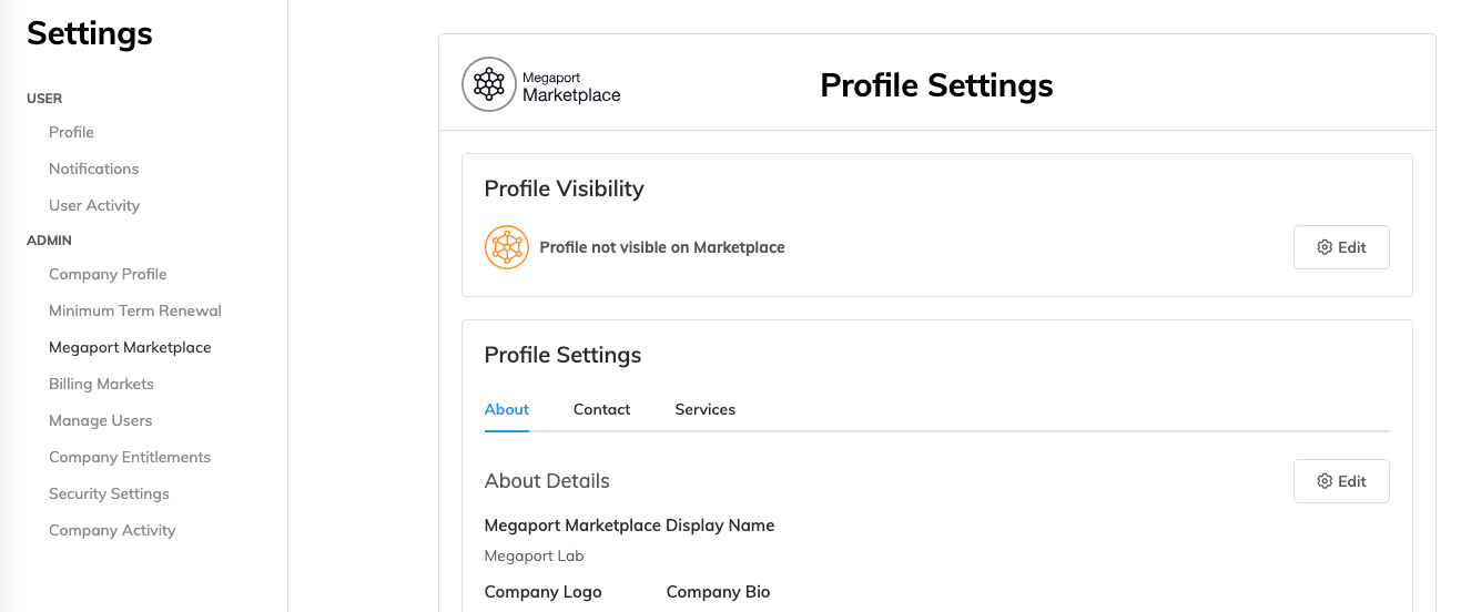 This image shows the Megaport Marketplace profile page.