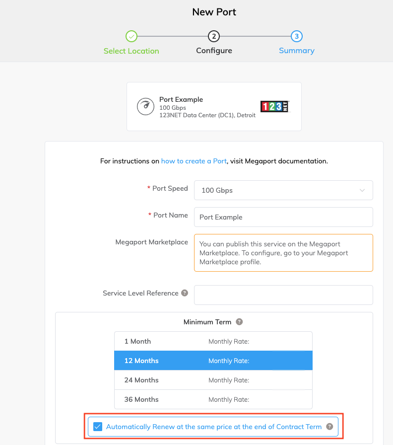 New Port showing Minimum Term Renewal default enabled setting